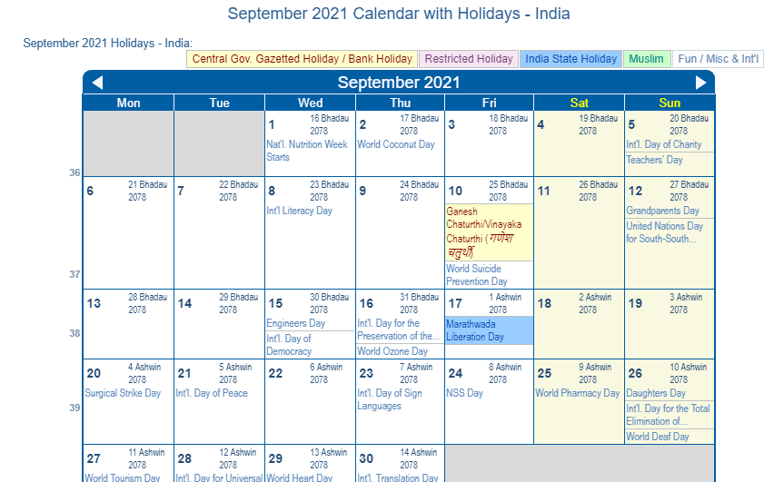 September 2021 Calendar with India Holidays to Print
