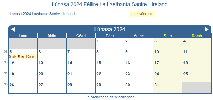 Féilire Lúnasa 2024 le Laethanta Saoire Náisiúnta i bhformáid comhaid pictiúr