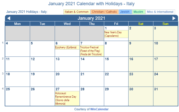 Print Friendly January 2021 Italy Calendar For Printing