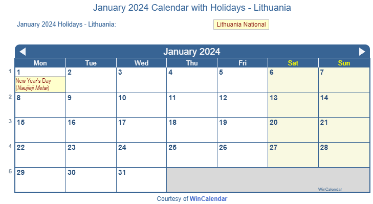 January 2024 Calendar with Lithuanian Holidays to Print
