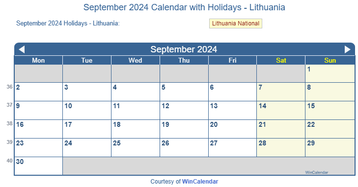 September 2024 Calendar with Lithuanian Holidays to Print