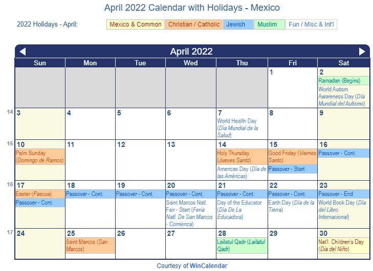 April 2022 Calendar with Mexican Holidays to Print