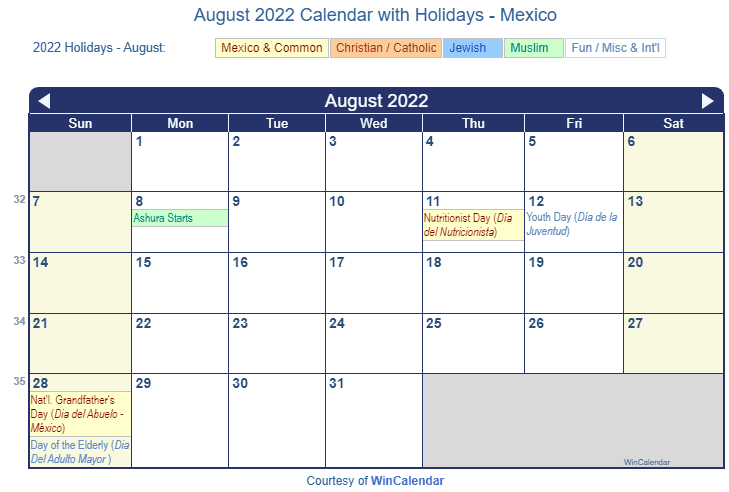 August 2022 Calendar with Mexican Holidays to Print