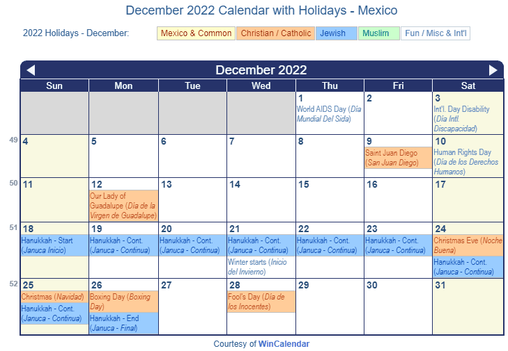 December 2022 Calendar with Mexican Holidays to Print