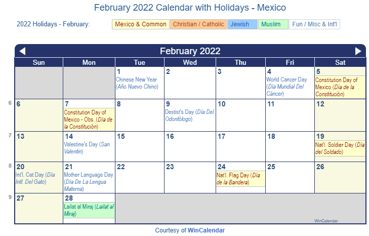 February 2022 Calendar with Mexican Holidays to Print