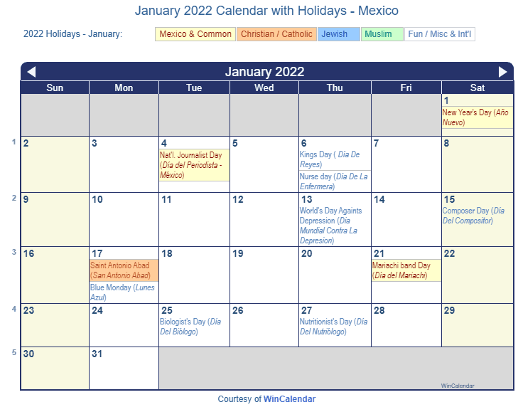 January 2022 Calendar with Mexican Holidays to Print