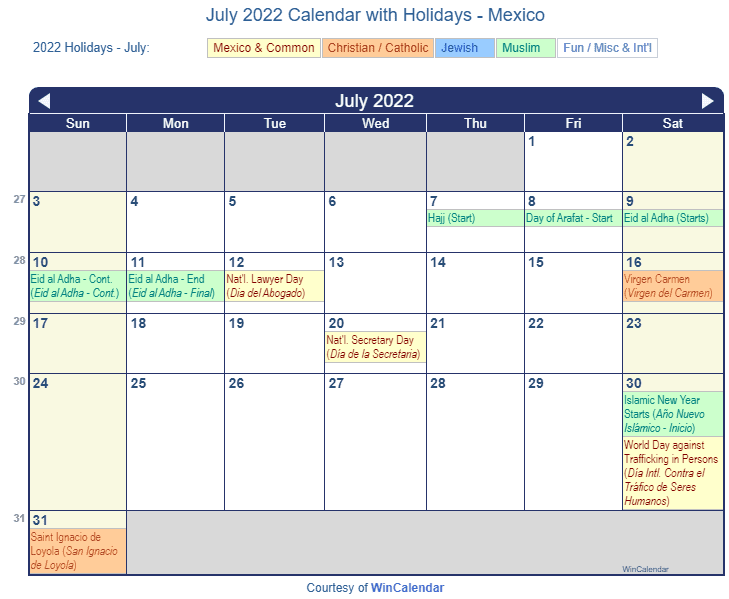 July 2022 Calendar with Mexican Holidays to Print