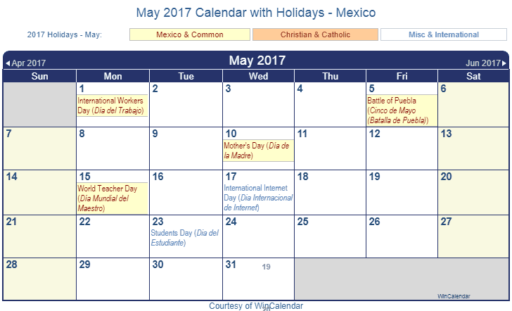 Print Friendly May 2017 Mexico Calendar for printing