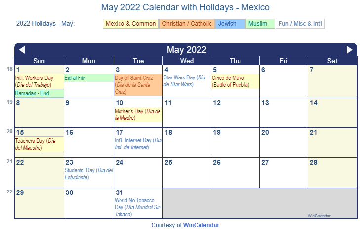 May 2022 Calendar with Mexican Holidays to Print