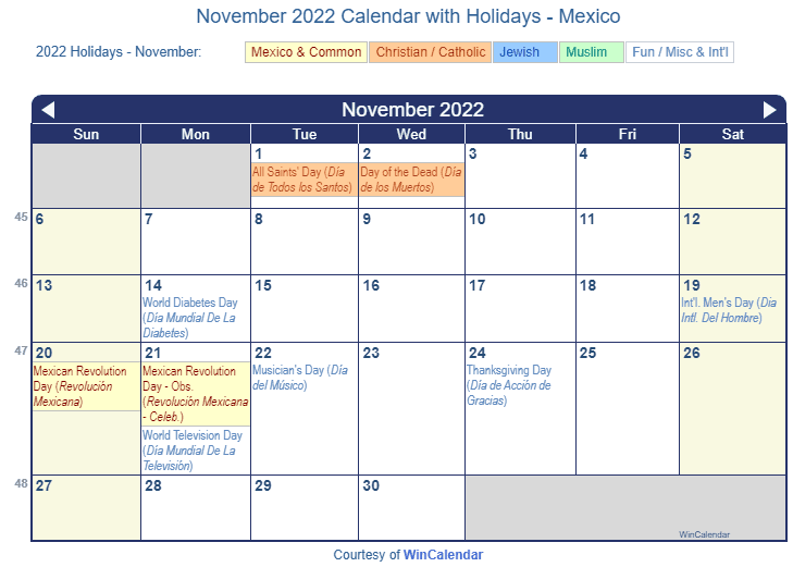 November 2022 Calendar with Mexican Holidays to Print