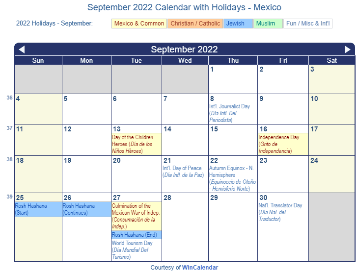 September 2022 Calendar with Mexican Holidays to Print