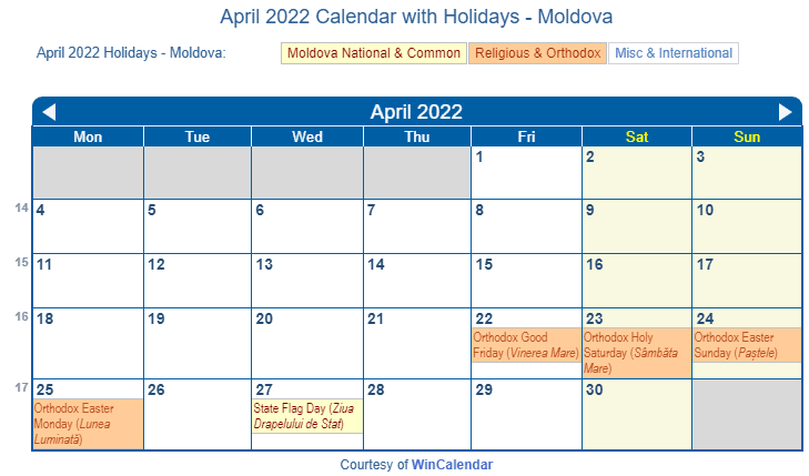 Orthodox Calendar 2022 Print Friendly April 2022 Moldova Calendar For Printing