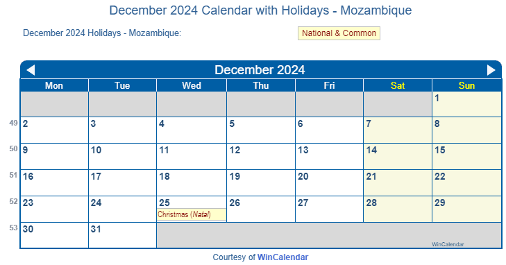 December 2024 Calendar with Mozambique Holidays to Print