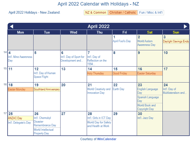 April 2022 Calendar with NZ Holidays to Print