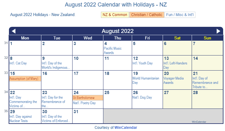 August 2022 Calendar with NZ Holidays to Print