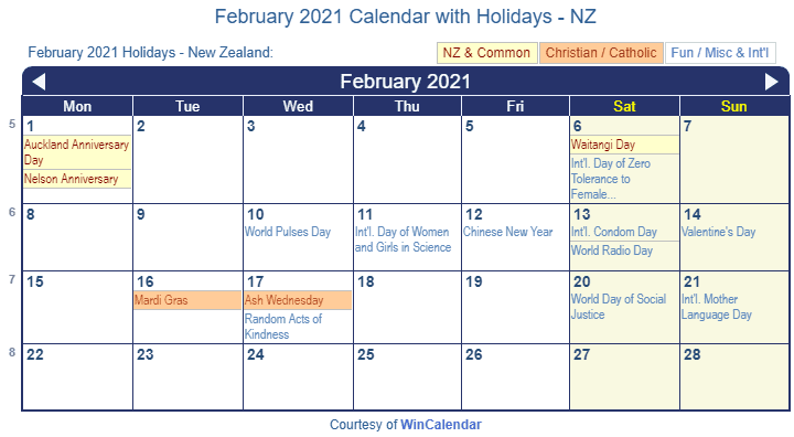 February 2021 Calendar with NZ Holidays to Print