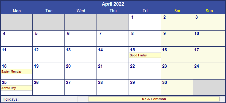 2022 New Zealand Calendar With Holidays 2022 Calendar New Zealand 2724