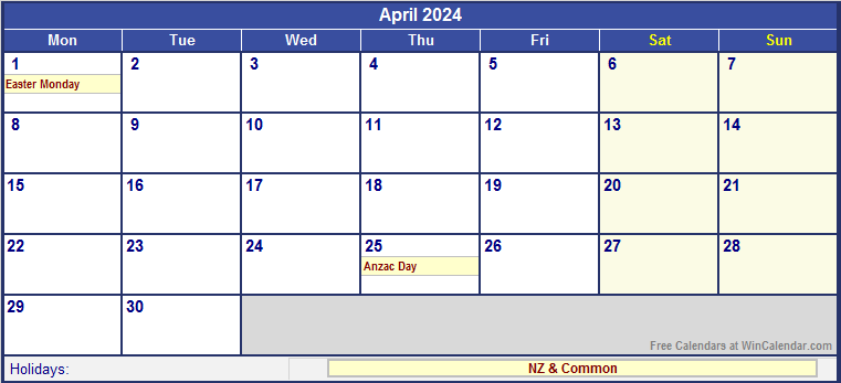 April 2024 New Zealand Calendar with Holidays for printing (image format)