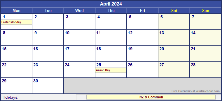 April 2024 New Zealand Calendar With Holidays For Printing image Format 