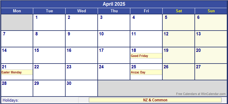 April 2025 New Zealand Calendar with Holidays for printing (image format)