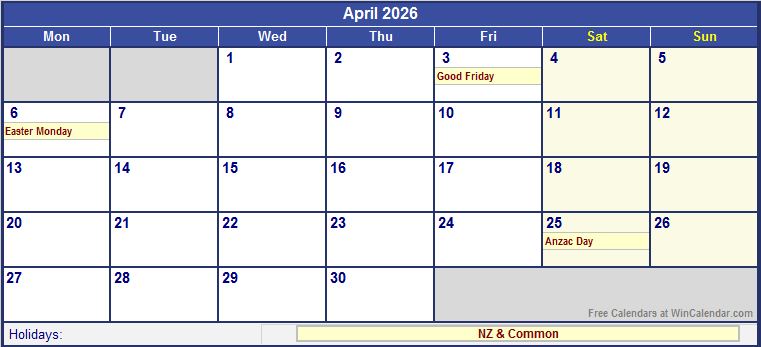 April 2026 Printable Calendar with NZ Holidays