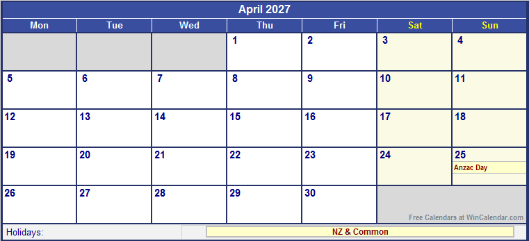 April 2027 Printable Calendar with NZ Holidays
