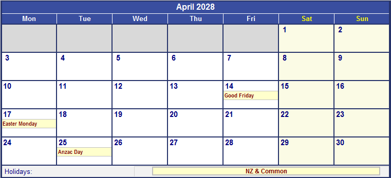April 2028 Printable Calendar with NZ Holidays