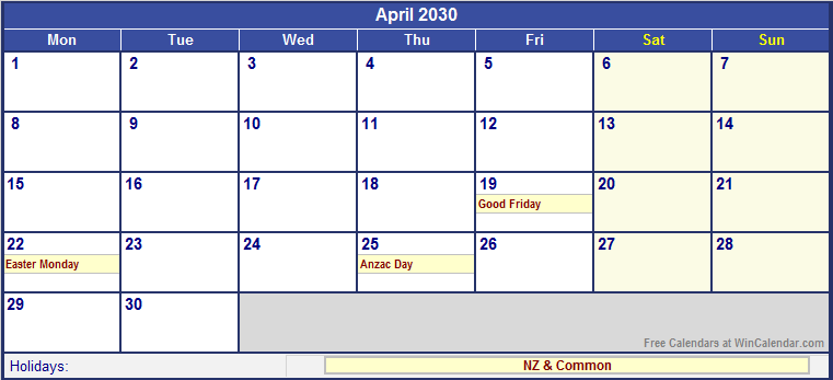 April 2030 Printable Calendar with NZ Holidays