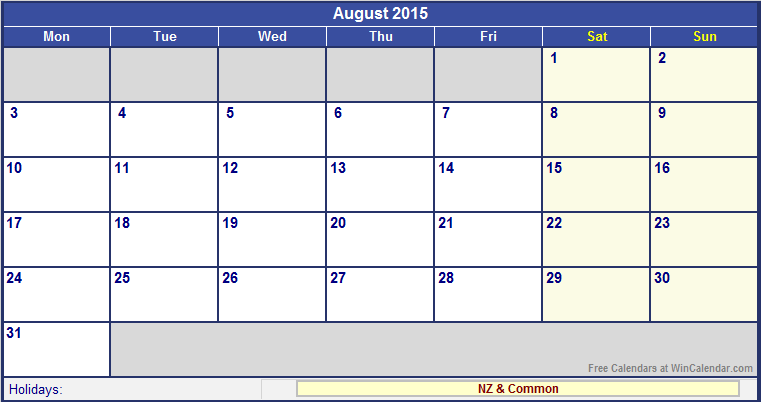 August 2015 Printable Calendar with NZ Holidays