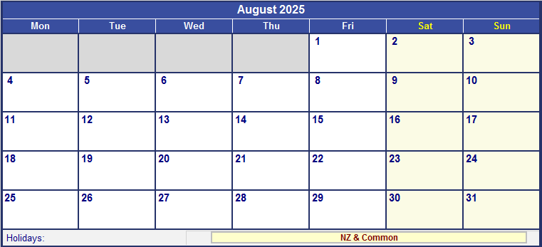 August 2025 New Zealand Calendar with Holidays for printing (image format)