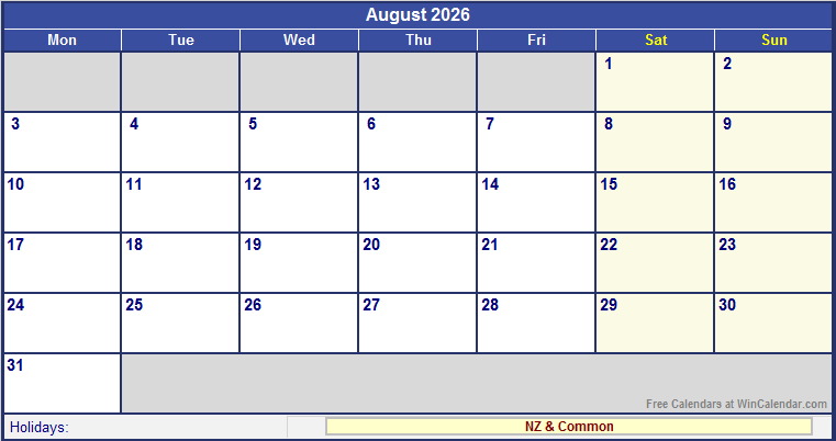 August 2026 Printable Calendar with NZ Holidays