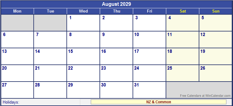 August 2029 Printable Calendar with NZ Holidays