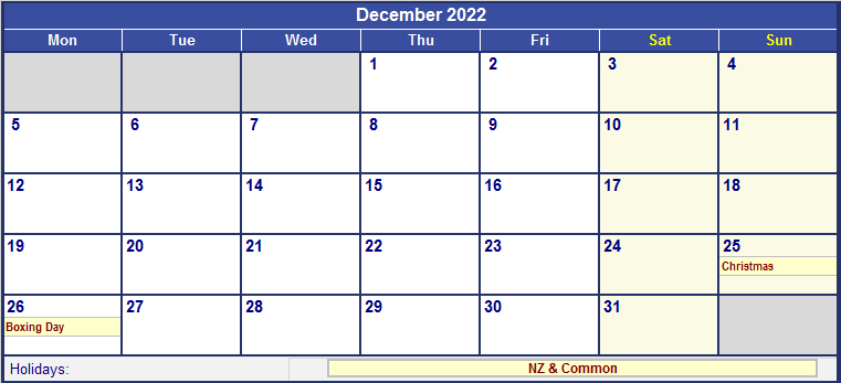 December 2022 New Zealand Calendar With Holidays For Printing Image Format