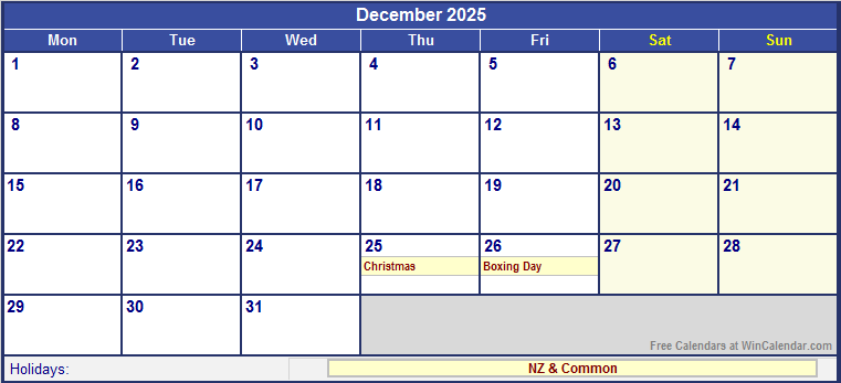 December 2025 New Zealand Calendar with Holidays for printing (image format)