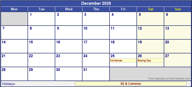 December 2026 Printable Calendar with NZ Holidays