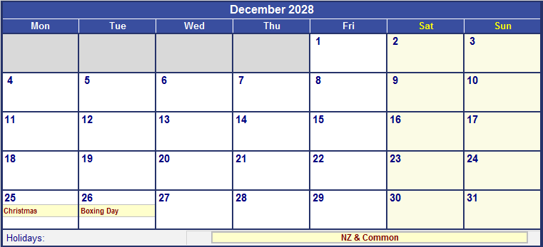 December 2028 Printable Calendar with NZ Holidays