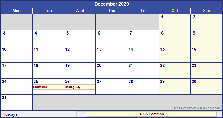 December 2029 Printable Calendar with NZ Holidays