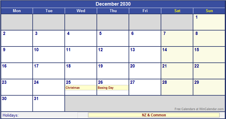 December 2030 Printable Calendar with NZ Holidays