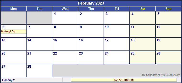 February 2023 Printable Calendar with NZ Holidays