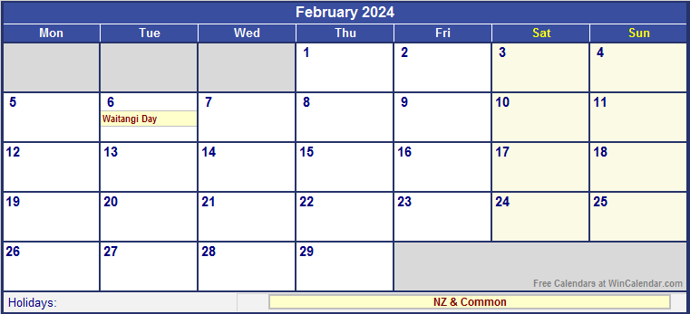 February 2024 New Zealand Calendar With Holidays For Printing image 