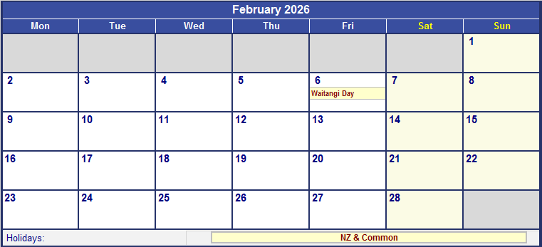 February 2026 Printable Calendar with NZ Holidays