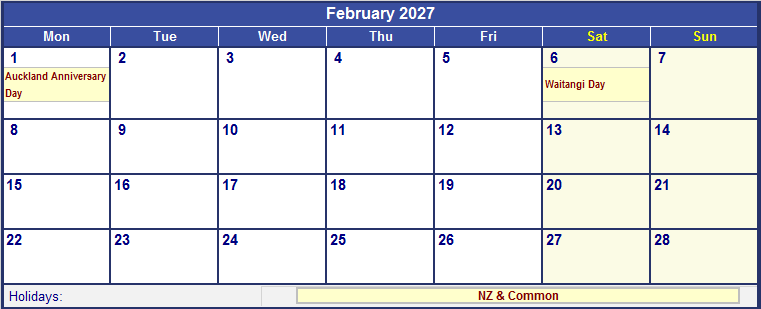 February 2027 Printable Calendar with NZ Holidays