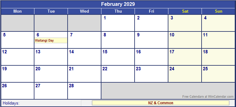 February 2029 Printable Calendar with NZ Holidays