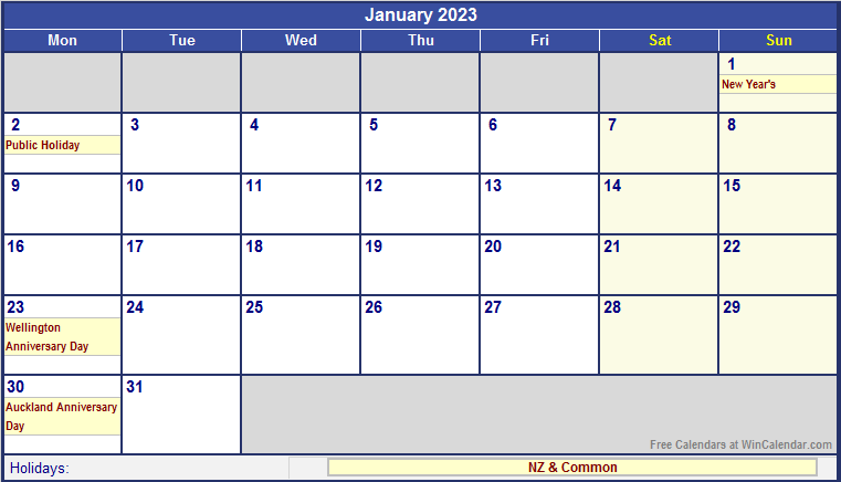 January 2023 New Zealand Calendar with Holidays for printing (image format)