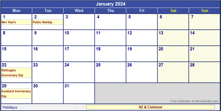 January 2024 Printable Calendar with NZ Holidays