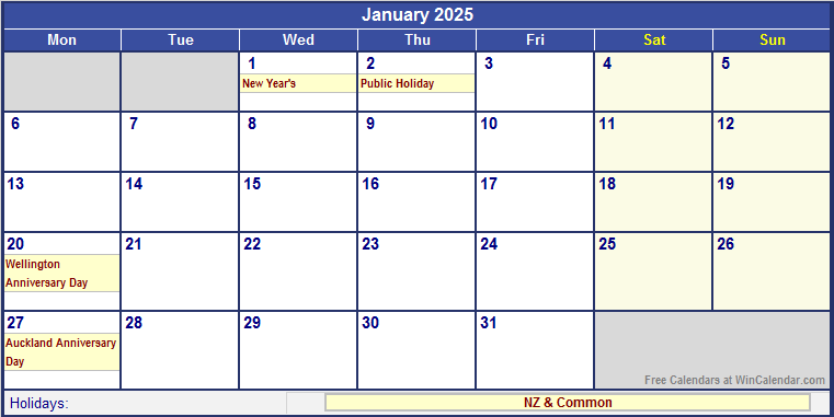 January 2025 New Zealand Calendar with Holidays for printing (image format)