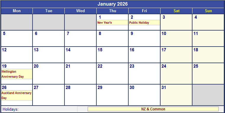 January 2026 Printable Calendar with NZ Holidays