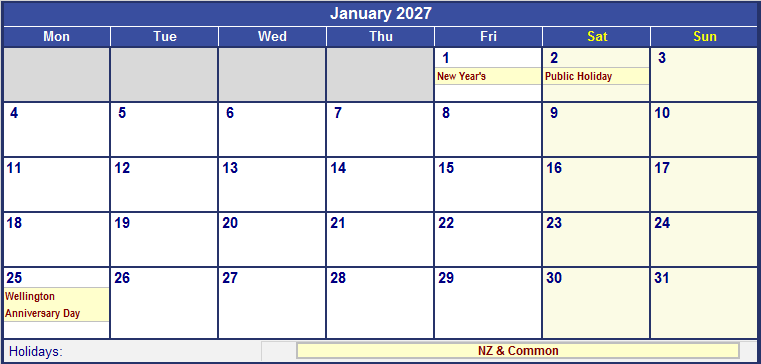 January 2027 Printable Calendar with NZ Holidays