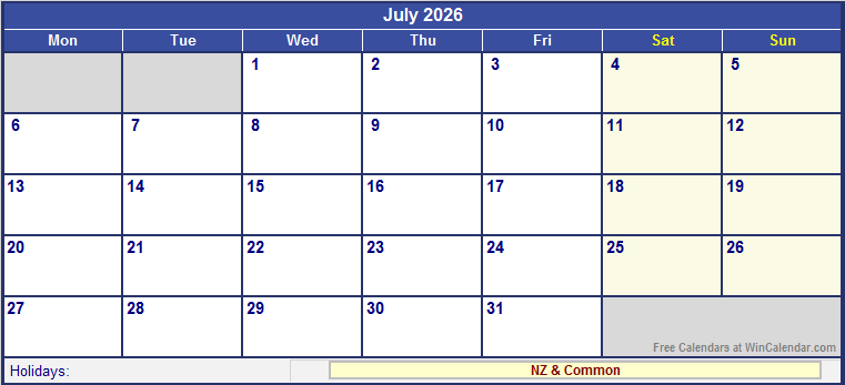 July 2026 Printable Calendar with NZ Holidays