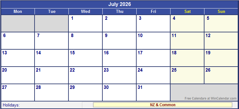July 2026 New Zealand Calendar With Holidays For Printing image Format 